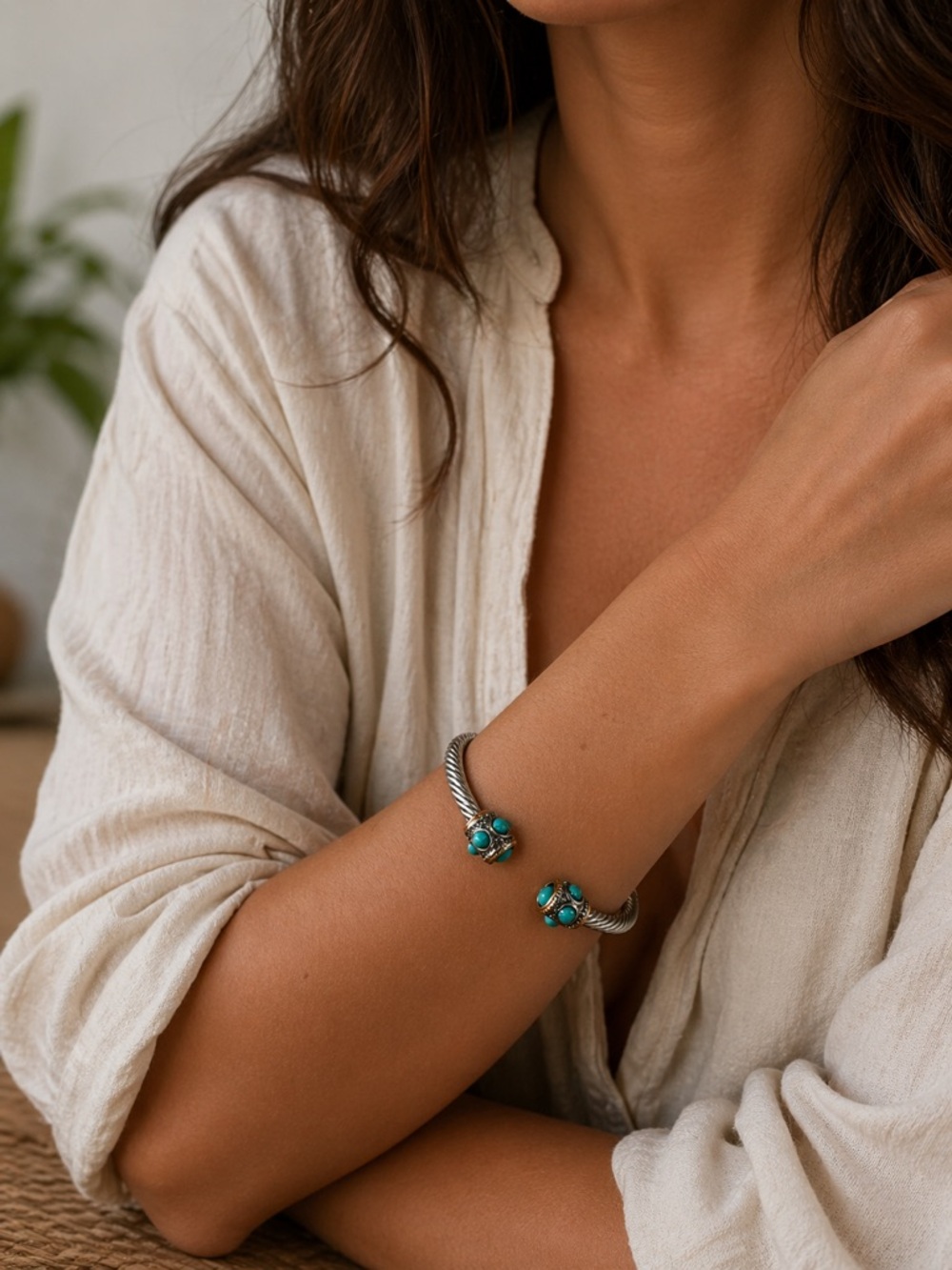 Turquoise Stone Open Cuff Bracelet - Women Jewelry
